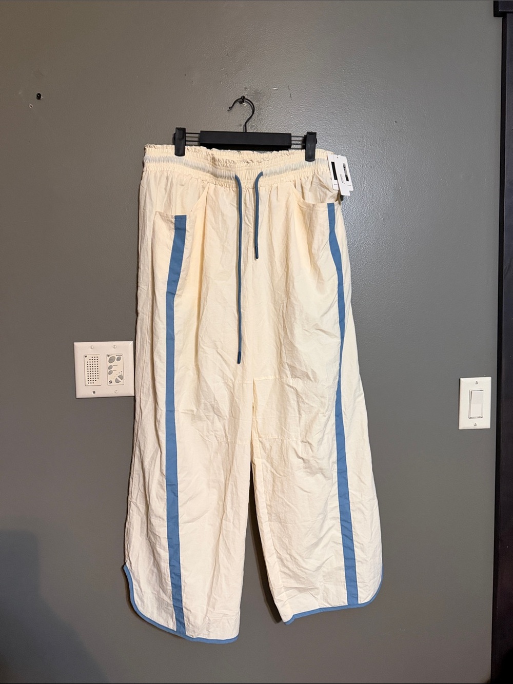 Lomon NWT Cream & Blue Wide Leg Track Pants Contrast Stripe Athletic Size XL
